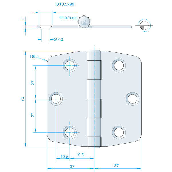 Roca, Scharnier RF, 74x75mm, Rostfreier Stahl AISI 304