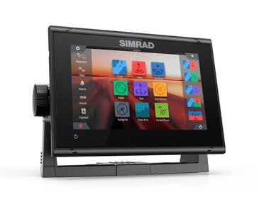 Simrad Go7 XSR kortplotter set fra siden med transducer synlig