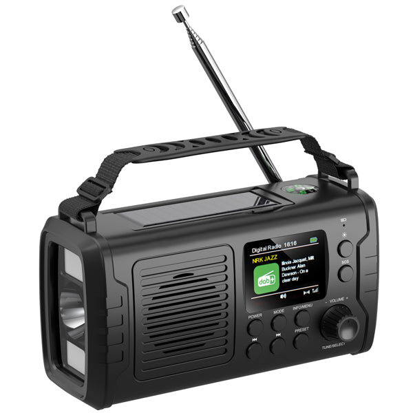 1852, Nødradio, DAB+/FM, Bluetooth V5.3, 10.000 mAh, Solcelle, Håndsving, 2" TFT, LED-lys, 480g