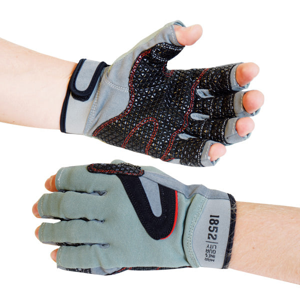 1852 sejlerhandsker uden fingre i sort med silikonegreb set forfra