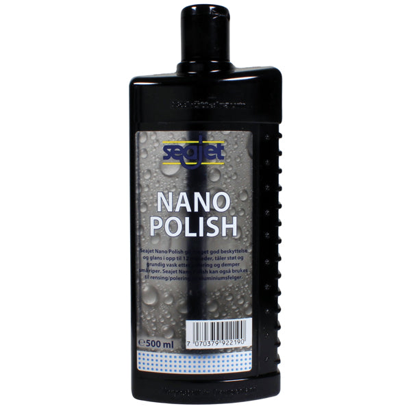 Flaske med Seajet Nano Polish, synlig forfra med et flot design.