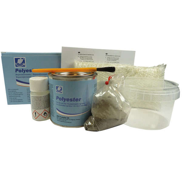 BHP, Reparaturset Polyester 250 ml, 10 g Härter, 20 dm² Glasfasermatte, 50 g Mikroballons